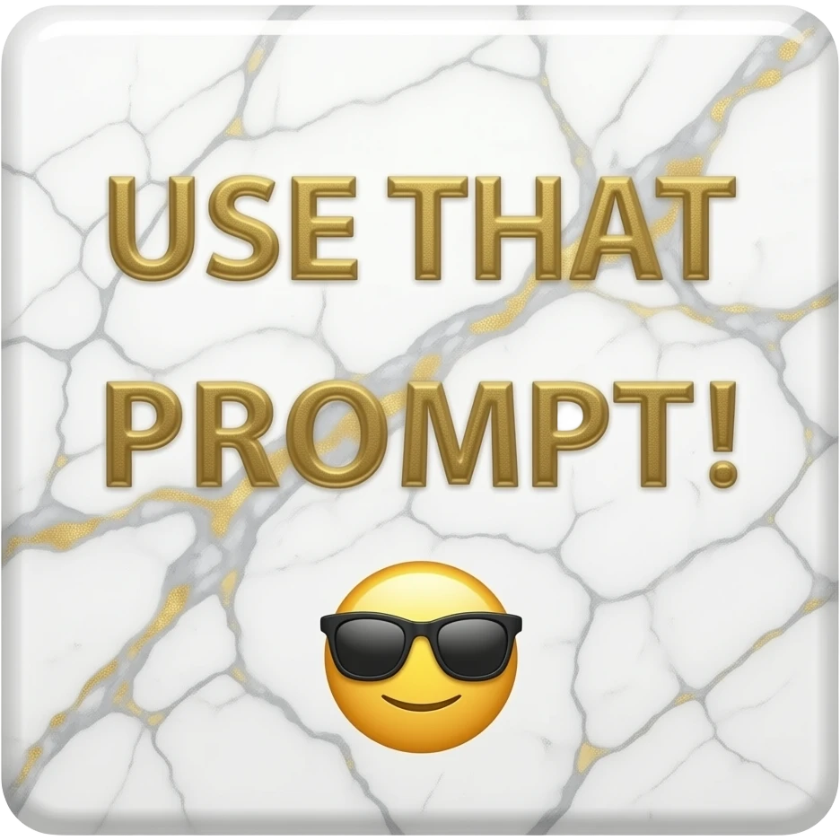 A luxurious uppercase text 'USE THAT PROMPT!' small size text and sunglasses emoji 'for generations' crafted from polished white Carrara marble with deep veins of more glowing liquid gold flowing through it. High-end jewelry aesthetic, soft studio lighting, elegant and Luxurious Marble Letter. emoji