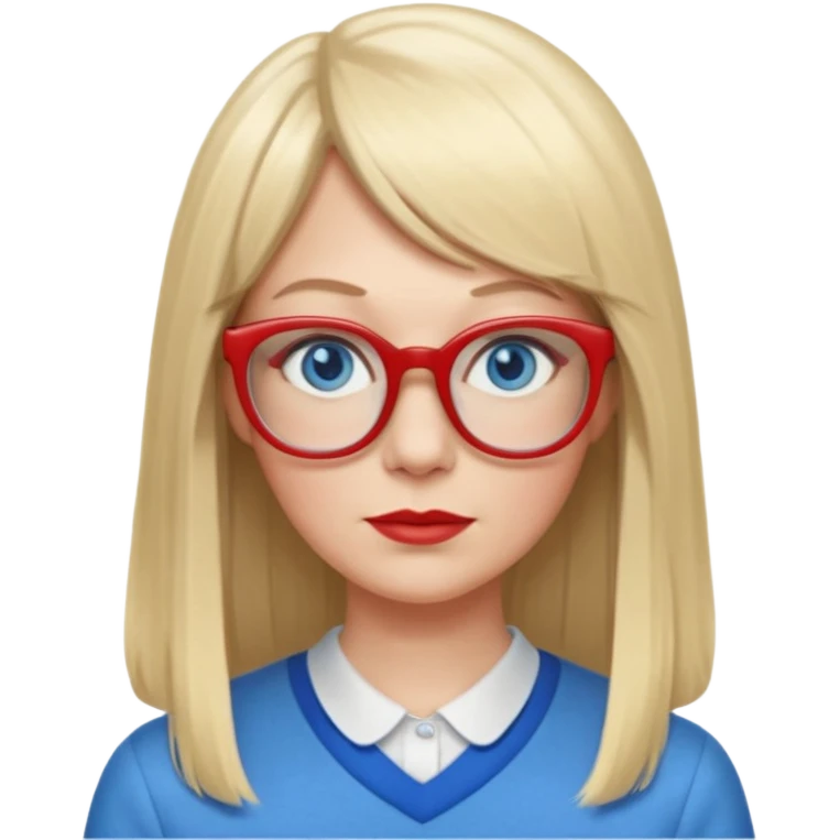 45 yr old white woman, pale skin, long straight blond hair parted in center, blue eyes, bangs, clothes for school, big red glasses emoji