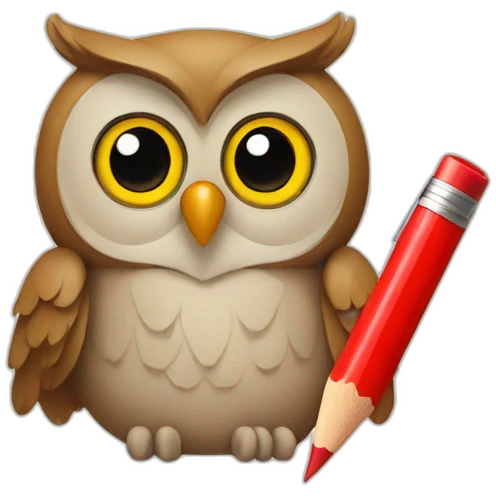 an owl writing with a red pencil emoji