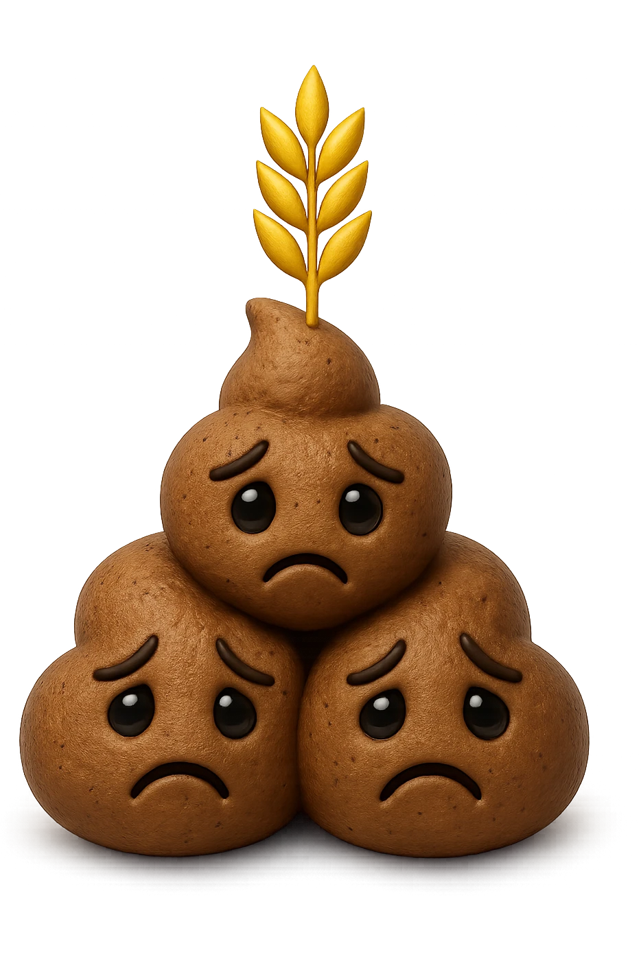 emoji stile iphone di una montagnetta di feci umane realistiche a palline tristi con sopra un simbolo del grano, iperrealistico 4k emoji