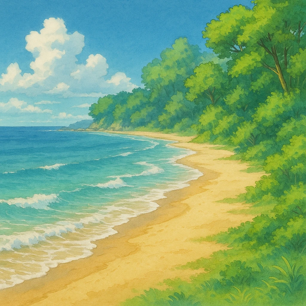ghibli style coast with sandy beach, gentle waves, and lush greenery emoji