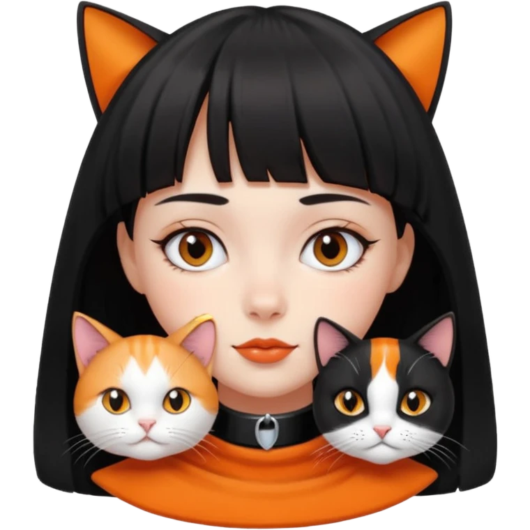 a girl with a short black curtain bangs hair and with her 2 cat color white black cat and orange white cat laying on her neck emoji