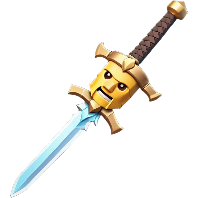 Clash of Clans aesthetic: Cinematic Playful Pixel 3D Sword Portrait Emoji, rendered in a 3D vector-style similar to standard emojis with minimal shading and bold, simplified shapes. A compact, distinct form with signature details, softly glowing with a pixelated adventure charm. Simplified yet unmistakably iconic, highly detailed and consistent, glowing with a soft radiance and high shine. Stylized with a touch of classic pixel-art charm and a soft glowing outline, capturing the essence of a beloved gaming relic with a friendly, playful manner! emoji