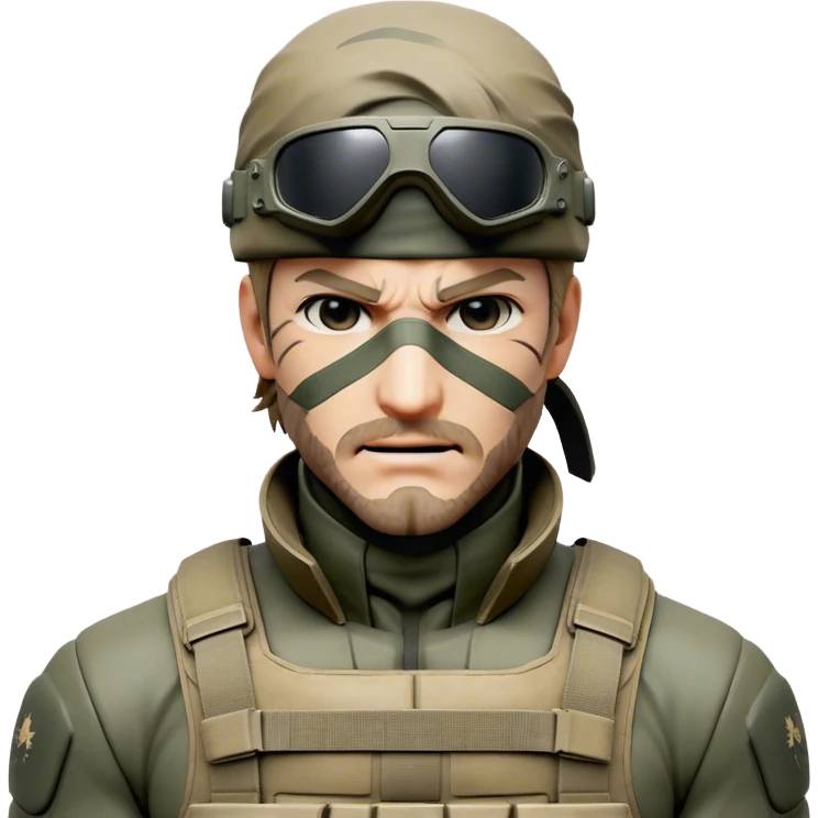 Cinematic Realistic Metal Gear Solid Snake Soldier Portrait, head tilted dramatically with an exaggeratedly amused expression, blending stealthy seriousness with a touch of unexpected humor. His rugged features, set against intricately detailed tactical gear in muted earth tones, are rendered with lifelike texture and dynamic lighting, high shine, dramatic yet whimsical, capturing the essence of a soldier whose epic covert skills are matched by a playful, irreverent spark. emoji