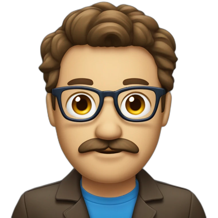 un développeur devant son ordinateur brun cheveux mi long une raie au milieux avec écouteur yeux bleus moustache peau normal emoji