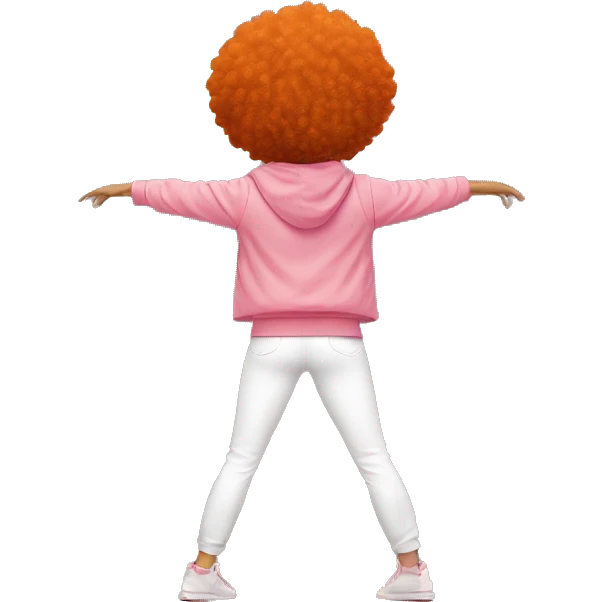 Tan girl with orange afro, in white pants, pink baggy jacket, doing split, rear view emoji