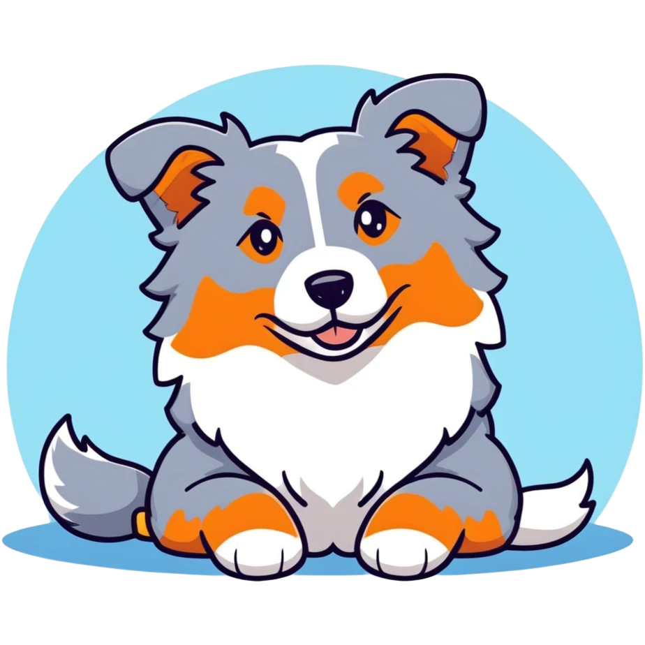 Merle Australian Shepherd dog laying down, spotted blue merle coat, fluffy fur emoji