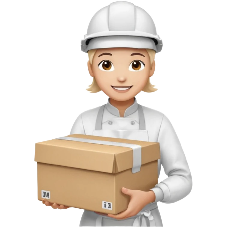 Tengo que dar una capacitacion de orgonomia, necesito un emoji de un operario con casco blanco y delantal blanco de manga larga que levante una caja cerrada con las dos manos a la altura de los hombros emoji