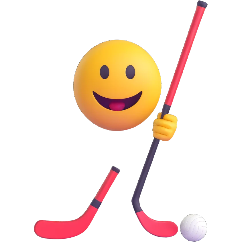3D smiley emoji, round shape, with ice hockey stick and puck, sporty face emoji