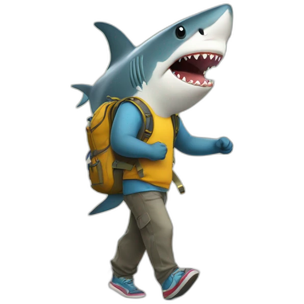A shark with glasses walks along the road with a backpack on his back. emoji