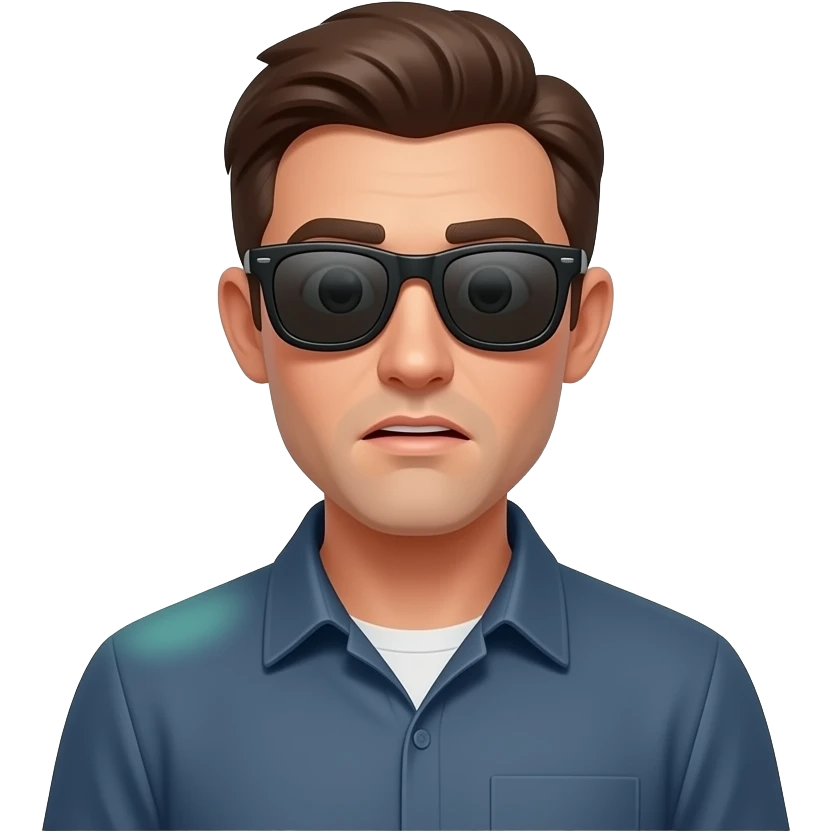 A informal man with sunglasses, glowing digital, symbols on the around, a floating Facebook logo, on the left shoulder, looking at viewer with curious. Text on below: 'What's your topic, lady?'. Shimmering red x and green check icons, full background emoji