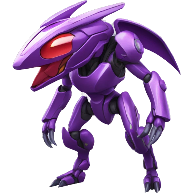 a shiny purple-green-red Genesect-Raptor-Fakémon—hybrid with a futuristic visor-helmet full body emoji