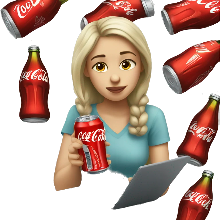 tired girl with laptop drinking coca-cola emoji