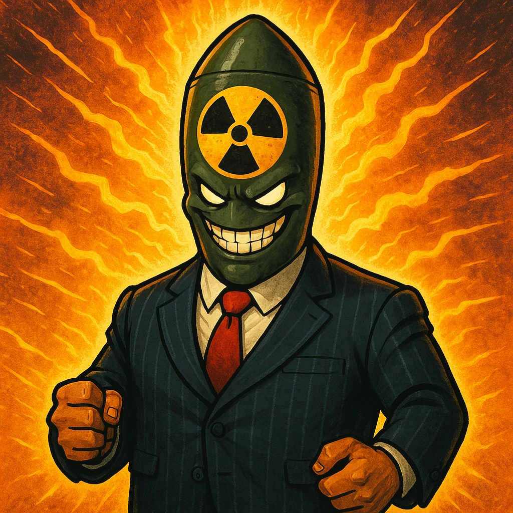 stylized boss character with a nuclear warhead for a head, radiating energy, evil grin emoji
