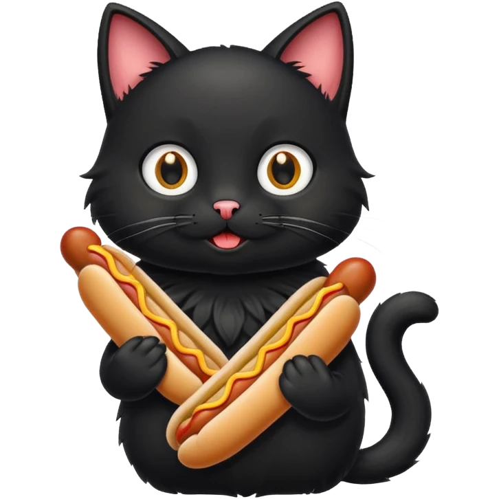 A cartoon black cat holding one hot dog and eating it emoji
