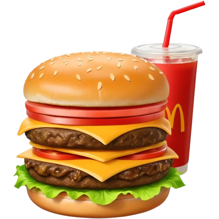 i want a Cheeseburger and Fries with a angle to 15–20° gentle bird’s-eye angle with a cold drink with ice cube with straw with some fries thicker like McDonald's french fries emoji