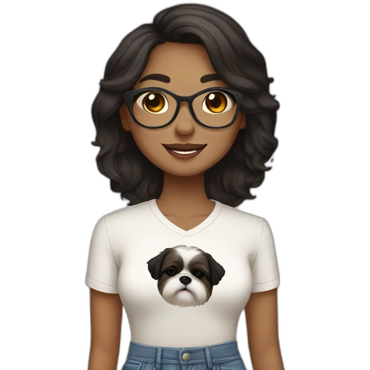 black haired woman wearing a shirt SAYING "BINDU "with light skin and a smiling shih tzu wearing a shirt saying "BROWNIE" emoji