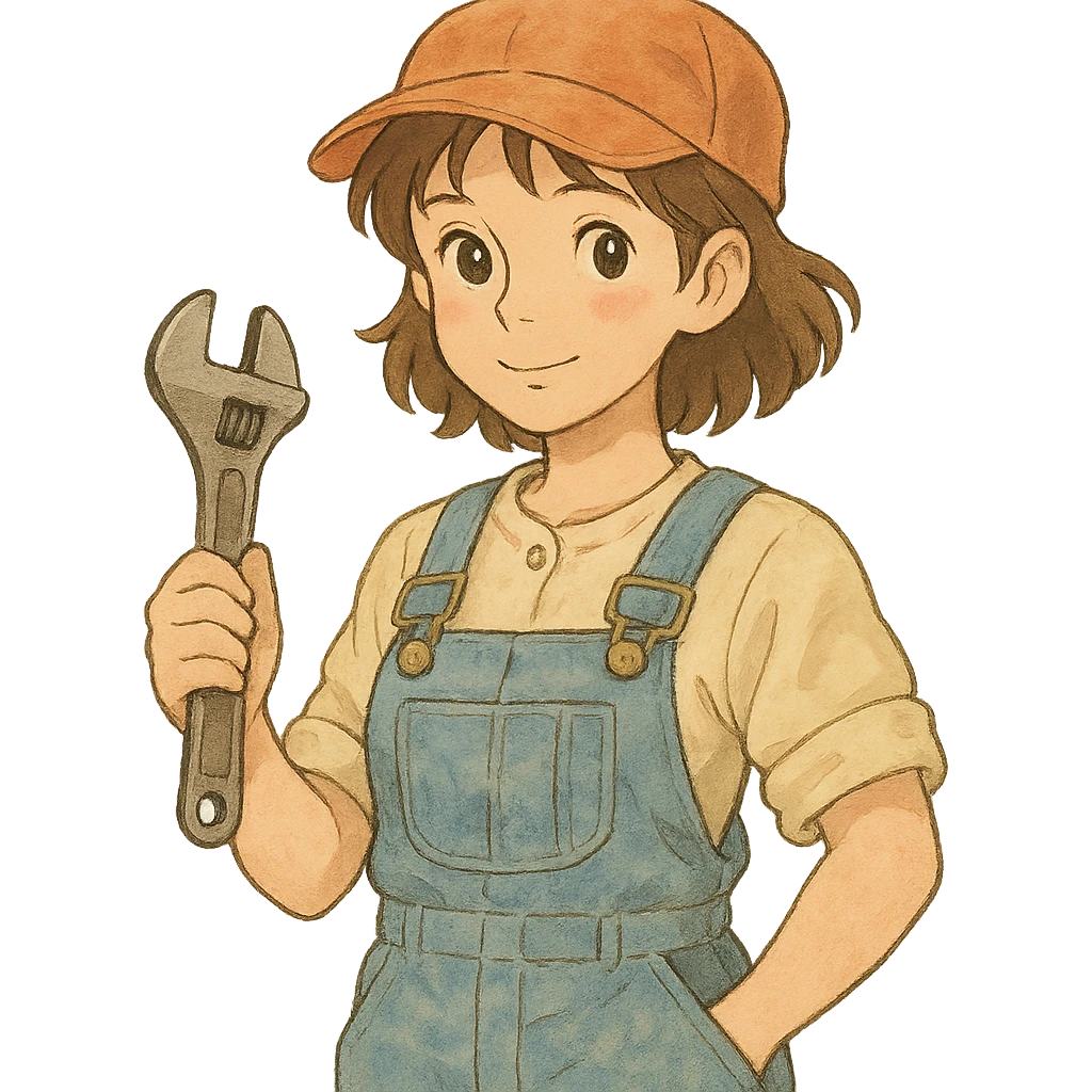 female plumber, woman in overalls with a wrench, soft colors, gentle expression emoji