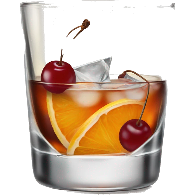 Old fashioned cocktail in an old fashioned glass with an orange twist and a cherry emoji