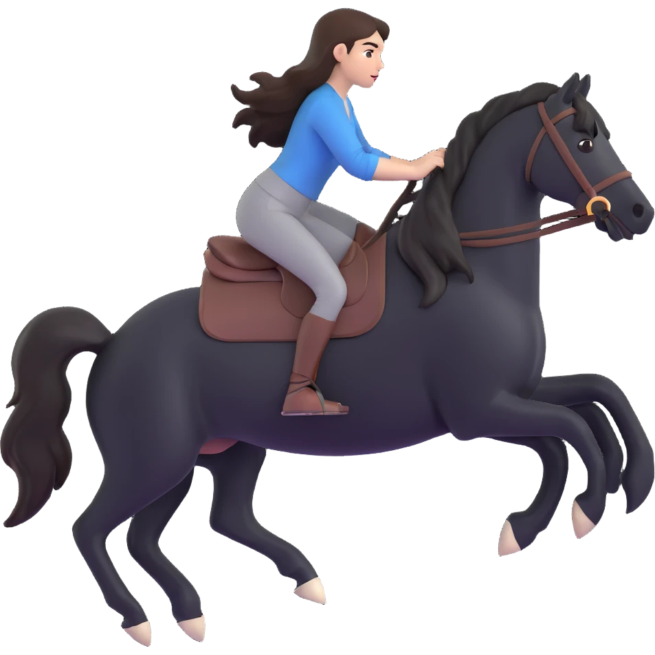 dynamic image of a brunette girl with long hair riding a black horse without a saddle, both in motion emoji
