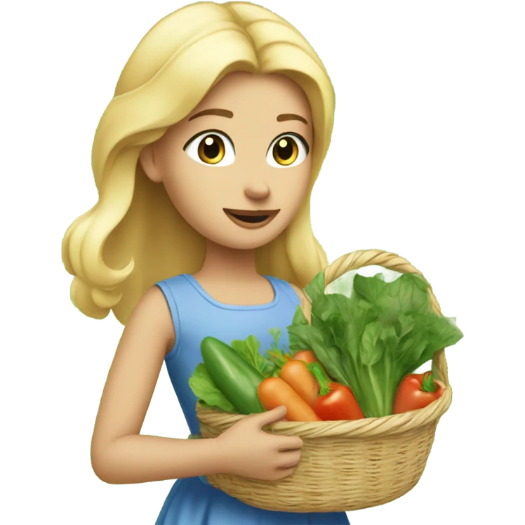 Girl with blonde hair and blue eyes wearing a sleeveless sundress and carrying two baskets of vegetables and greens emoji
