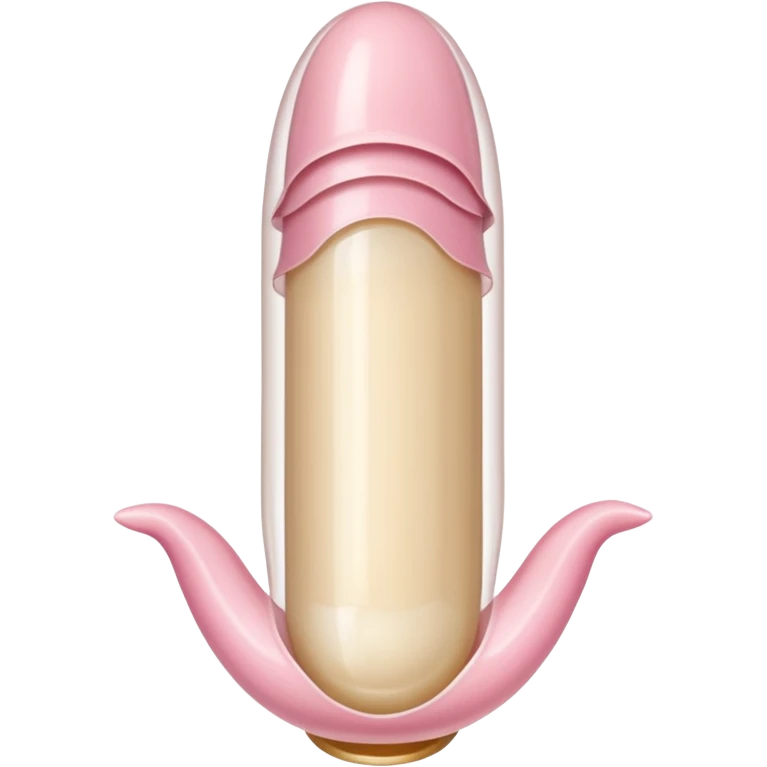 white transparent condom fully covering cylindrical beige-pink colored penis shaft, no face. at top of penis, add glans penis tip, a urethra opening hole/slit line and corona line. at the bottom end/base of penis make it flat.  emoji