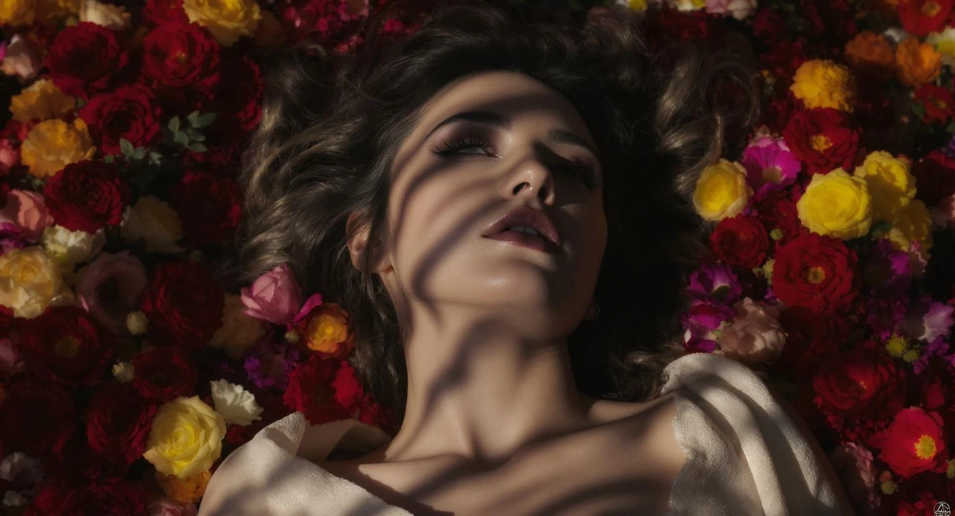 Camera drom top, Extreme Closeup photo of a beautifull woman lay around beautifull colorfull flowers, cinematic light, 8K, very detailed, sharp emoji