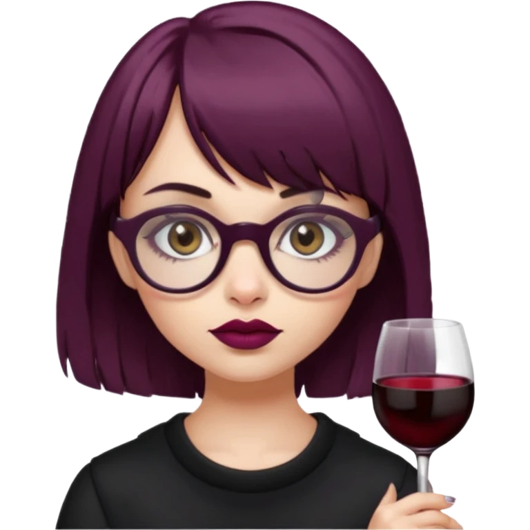 Emoji girl that has mid length brown shaggy cut hair with baby bangs, has hazel eyes and wears half transparent glasses, she is goth and wears wine colored lipstick emoji
