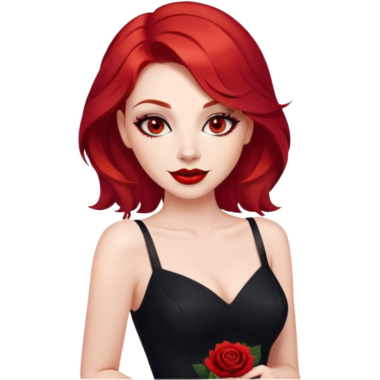 a woman with red hair and red eyes. The woman wear a black little cutted dress. She have red lipstick and she have a seductive look and smile. She have a rose in her hair emoji