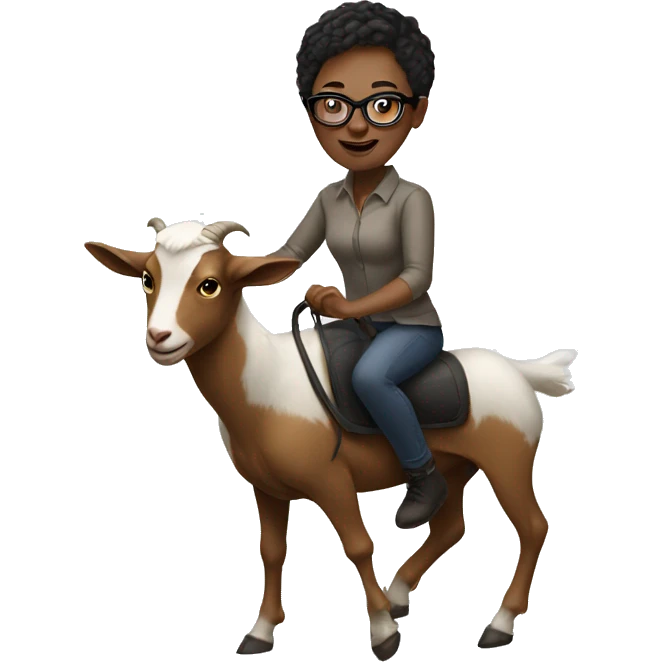 White woman with really short hair and glasses riding a goat emoji
