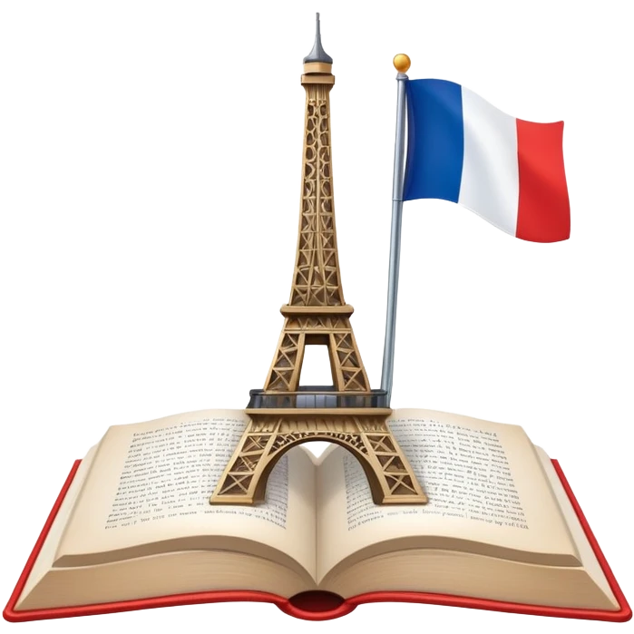 An icon featuring the Eiffel Tower and the flag of France, symbolizing the French language. The design includes an open book with French text, representing language learning and French culture. Transparent background highlights the elegance of the French-speaking world. emoji