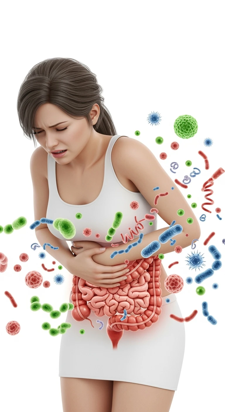 DONNA CON MAL DI PANCIA E INTESTINO UMANO ANATOMICO VISIBILE, BATTERI INTESTINALI FLUTTUANO INTORNO, IPERREALISTICO 4K, SFONDO BIANCO emoji