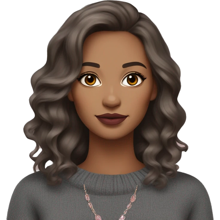 A woman with medium-length wavy brown hair, almond-shaped brown eyes, bold earthy-toned makeup, full nude-pink lips, and layered silver jewelry, wearing a dark top and gray sweater. Elegant and modern look. emoji
