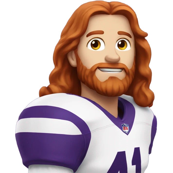 Redhead jesus playing American football wearing purple number 14 emoji