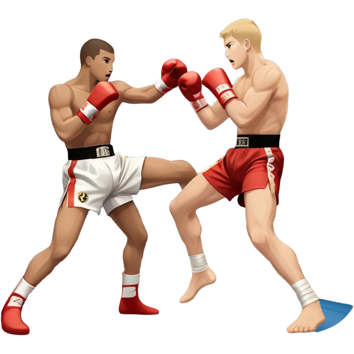 An icon symbolizing kickboxing, featuring two fighters in the midst of an intense match. One throws a powerful roundhouse kick, while the other counters with a punch. The background shows a ring, with ropes and a cheering crowd. Transparent background highlights the action and strength emoji