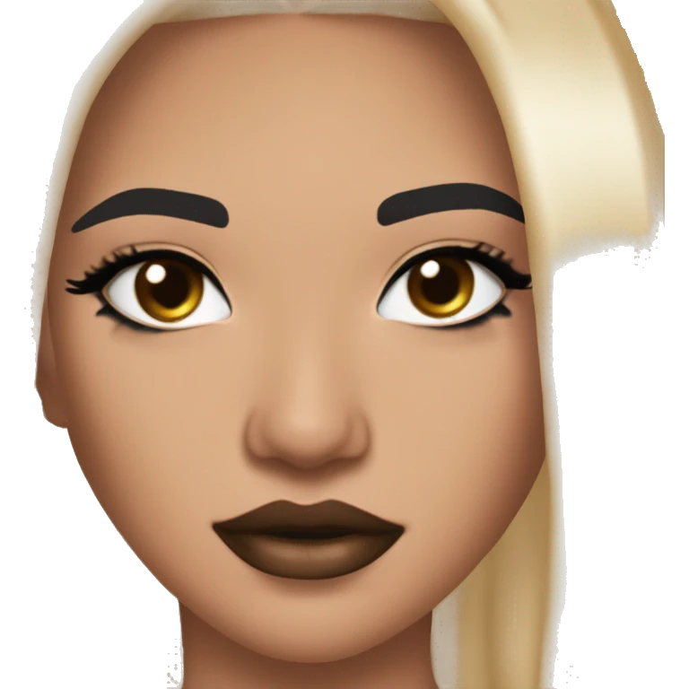 Maddy Perez euphoria show: warm brown eyes, bold black sharp eyeliner, sparkly rhinestones on eyes, dark arched brows, full nude-berry lips, light skin, high cheekbones, sleek dark brown long straight hair in ponytail.

 emoji
