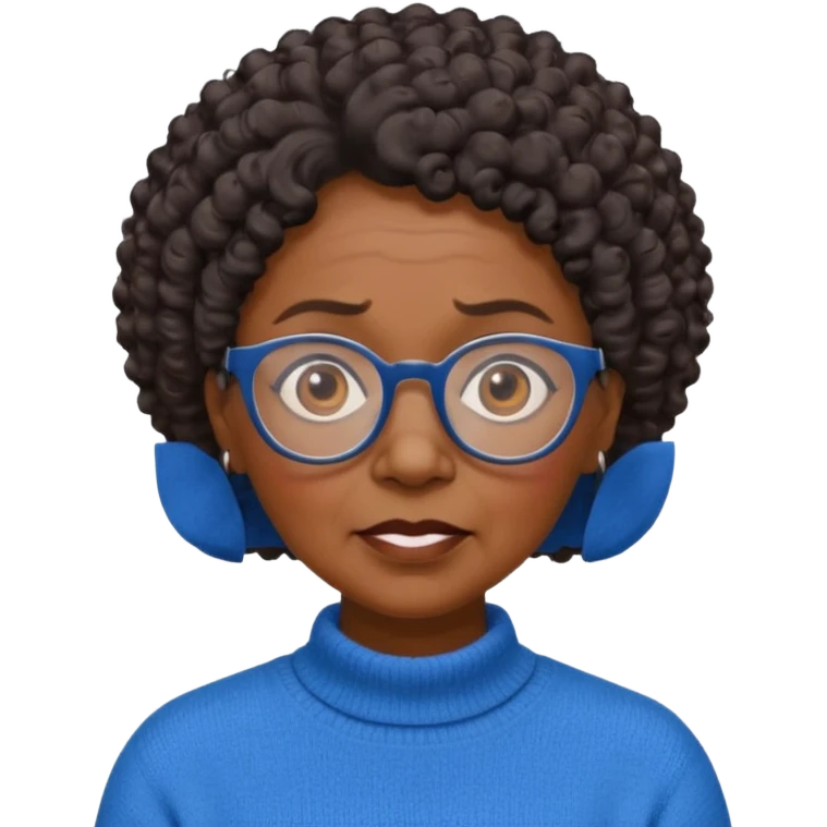 Old black woman, solemn, wearing glasses and blue sweater, short curly hair emoji