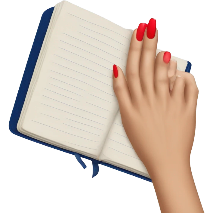 a hand with a red manicure holds a dark blue diary emoji