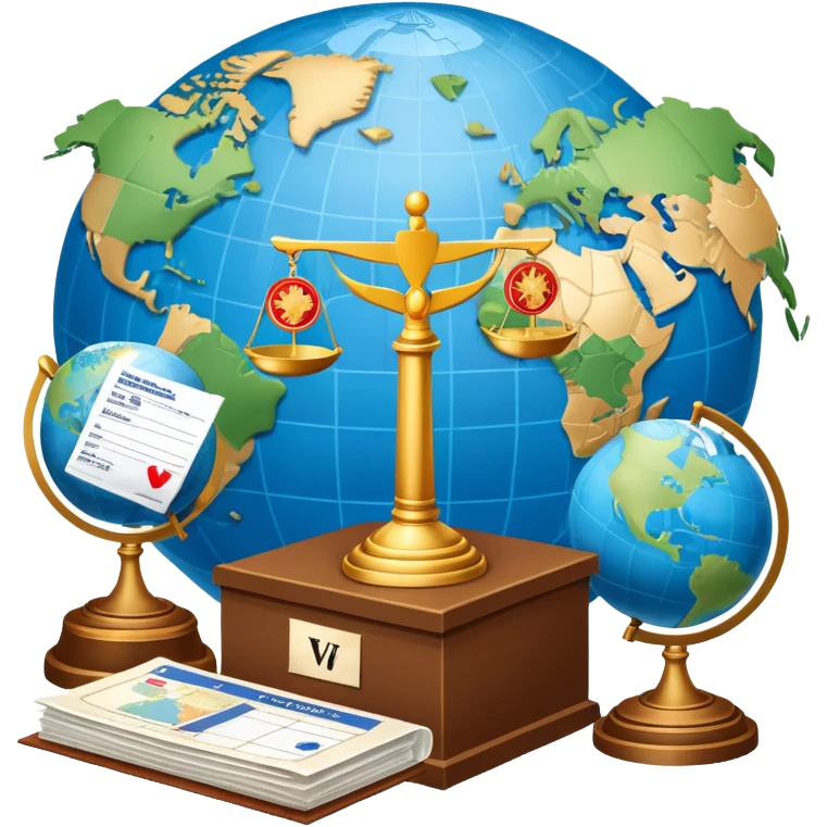 An icon featuring a podium with a speaker, a ballot box with a voting slip, and a globe, symbolizing political science. The design includes scales of justice and a world map in the background, representing governance and global politics. Transparent background highlights political analysis. emoji
