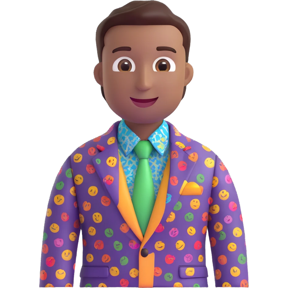 salesman emoji, colorful blazer, patterned shirt, no tie, casual business style, cheerful expression emoji