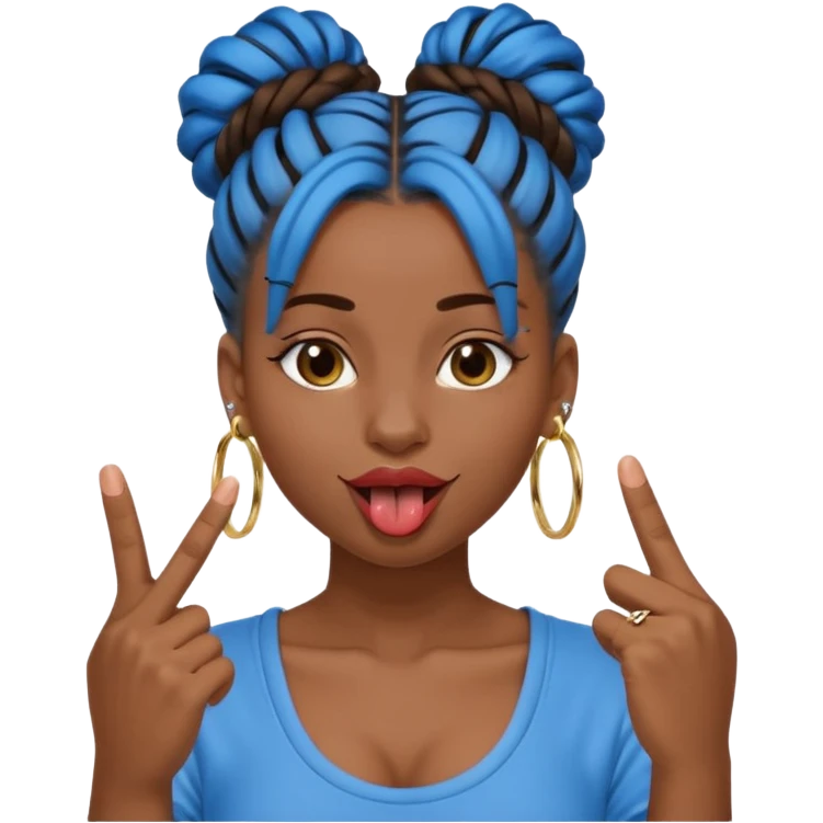 brown girl with blue locs in a bun with tongue out giving middle finger emoji