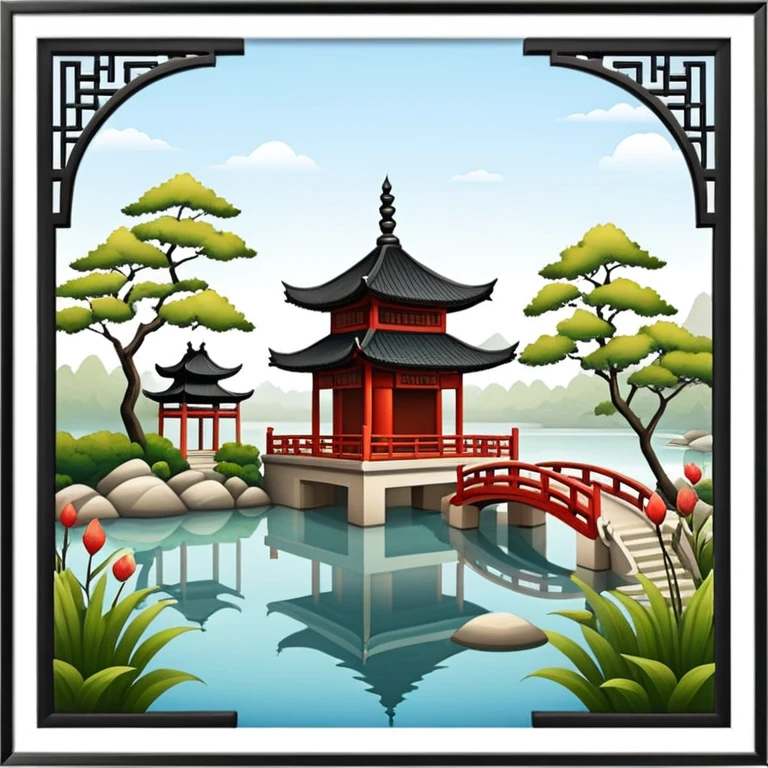 Chinese garden with pagoda and calm water emoji