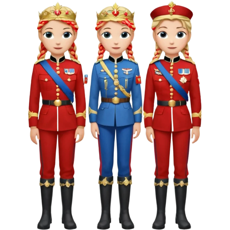 Blonde single braided haired Elsa and brown double braided haired Anna arendelle are same wearing gold tiara white military tunic arm badge shoulder cord medal red sash blue belt black trouser with both side red stripe white overknee boots full body view emoji
