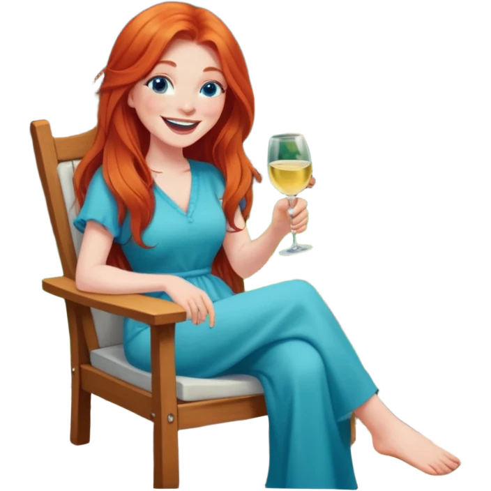 Laughing redhead with long hair and blue eyes holding white wine sitting in chair beside fire backyard emoji