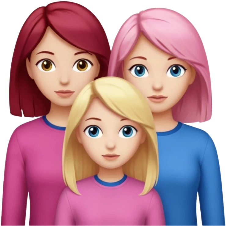 Three girls, one dark red hair with hazel eyes, one blonde with blue eyed and one with black hair and brown eyes, all wear pink emoji