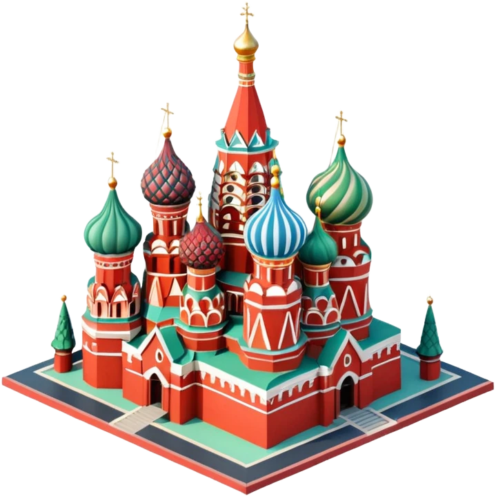 Isometric illustration of Moscow, featuring Saint Basil's Cathedral with its colorful onion domes, Red Square elements, in miniature diorama style, soft shadows and pastel colors. emoji