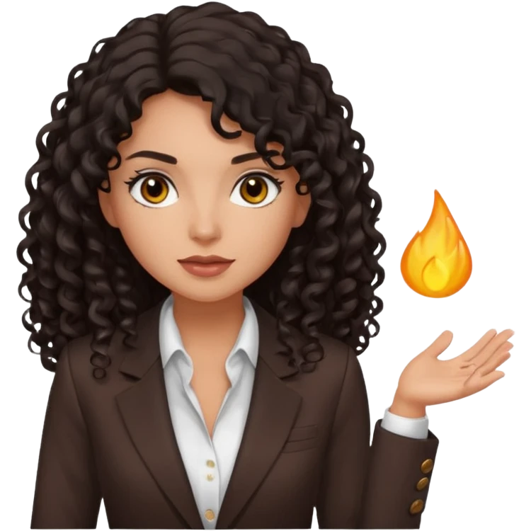 medium deep tan brown business woman with long black curly hair, light rosy cheeks, smoky eyes, dark brown eyes, wearing a dark brown blazer, white shirt emoji