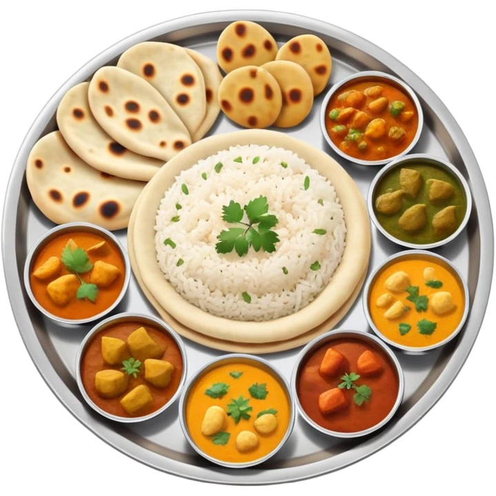Indian food thali with curry, naan bread, and rice emoji