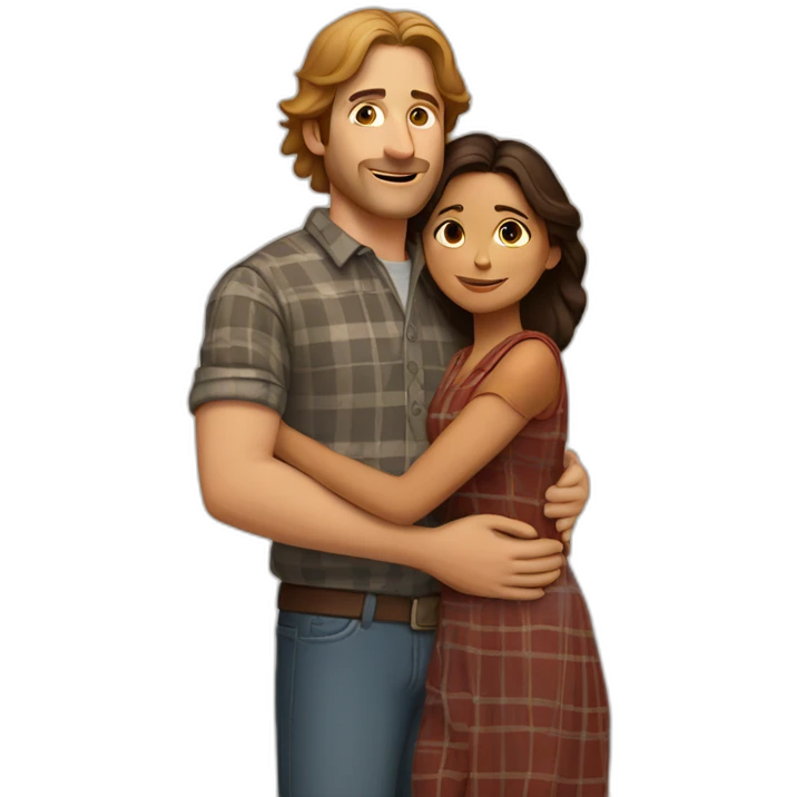 Tall white man with brown hair wearing plaid hugging small Indian woman emoji