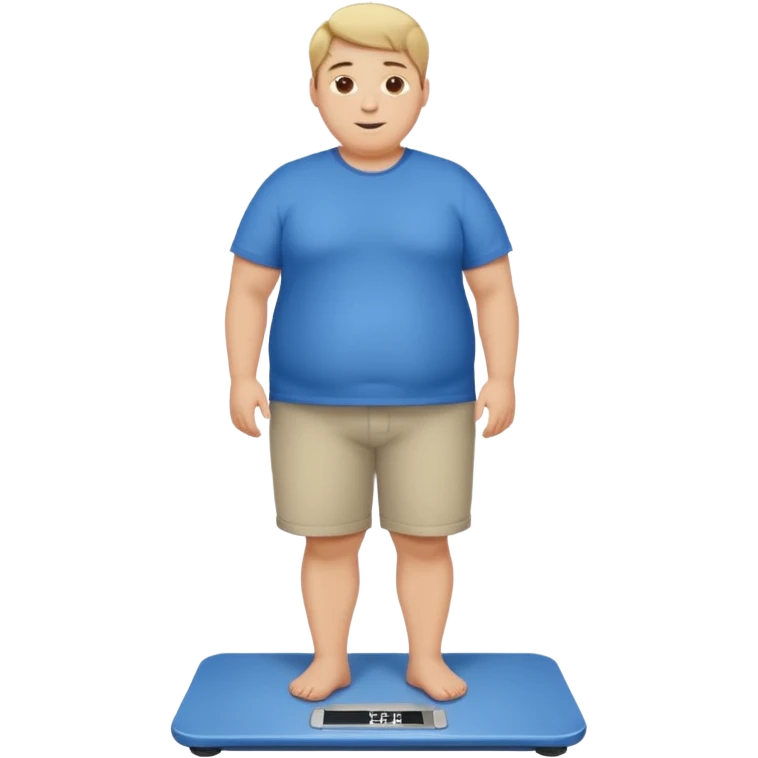 A young male with short dark-blonde hair and medium-light skin, only slightly overweight. He stands on a scale with a relieved, happy expression after noticing weight loss. He wears blue cloth, his posture relaxed with a gentle smile. emoji